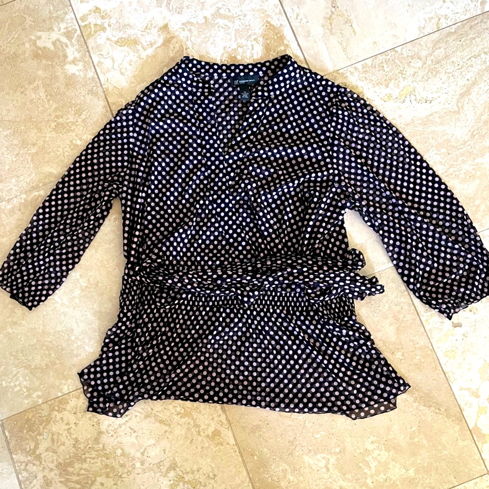 INC Pink Black Polka Dor Blouse with Extended Adjustable Waist Tie